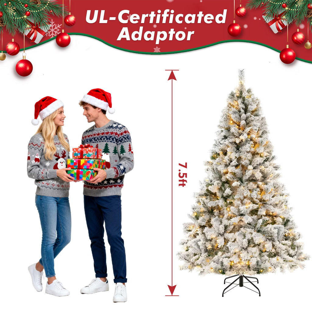 7.5Ft Artificial Christmas Tree, Snow Flocked Christmas Pine Tree, with 450 Warm White Lights, 1200 White Tips Branch, Metal Stand for Xmas Holiday, Indoor and Outdoor Decor