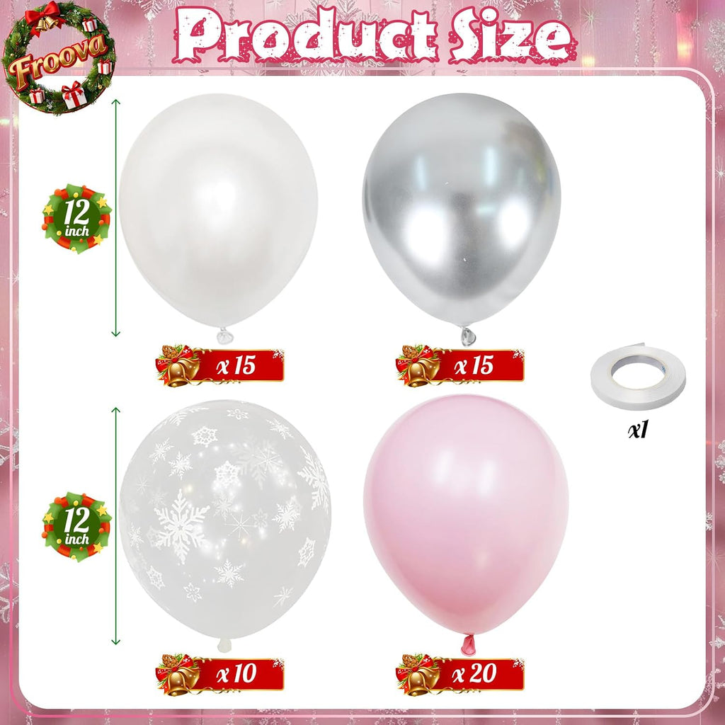 Pink and Silver Balloons, 60Pcs Winter Onederland Party Decorations, Pastel Light Pink Pearl White Metallic Silver Latex Balloon with Snowflake Balloon for Winter Wonderland Baby Shower Birthday Decor