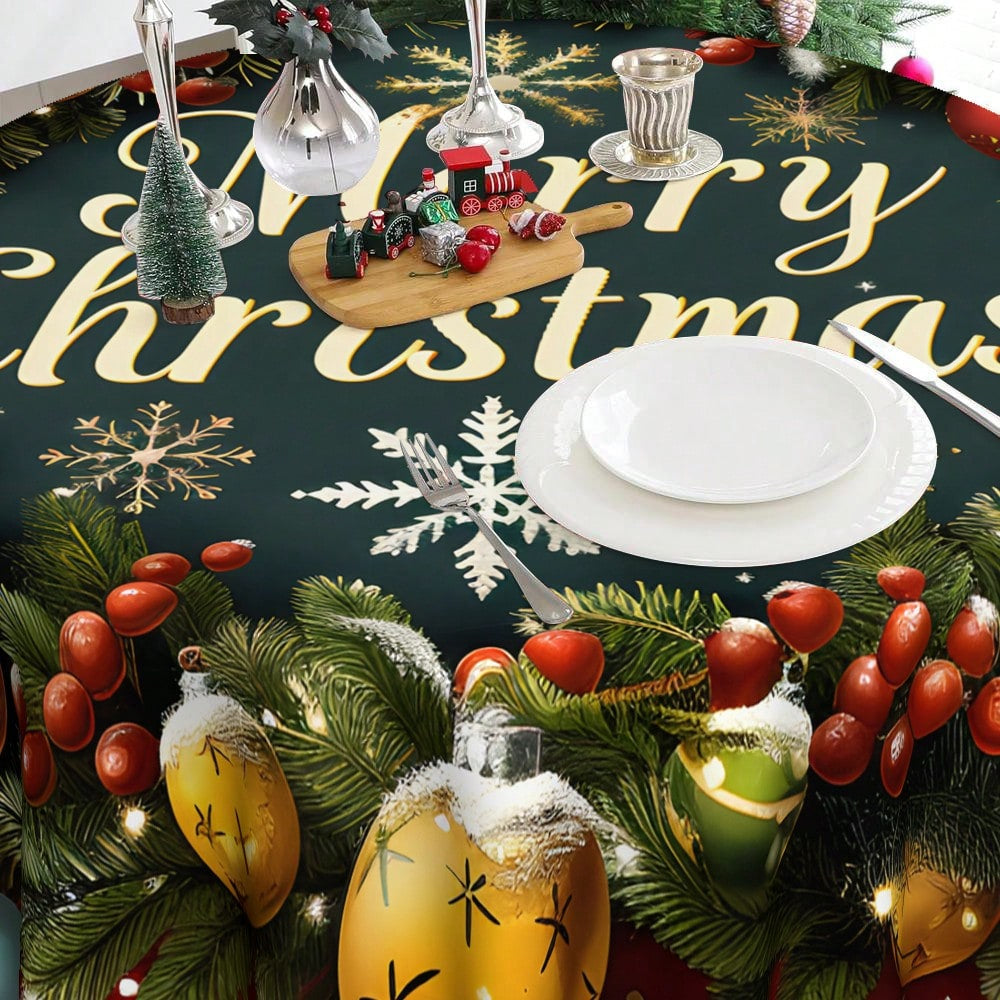 Christmas Wreath round Tablecloth Merry Christmas round Tablecloth 60 Inches Winter Christmas Home Decor round Tablecloth Red Berry Pine Branch Christmas Ball Decorative Tablecovers