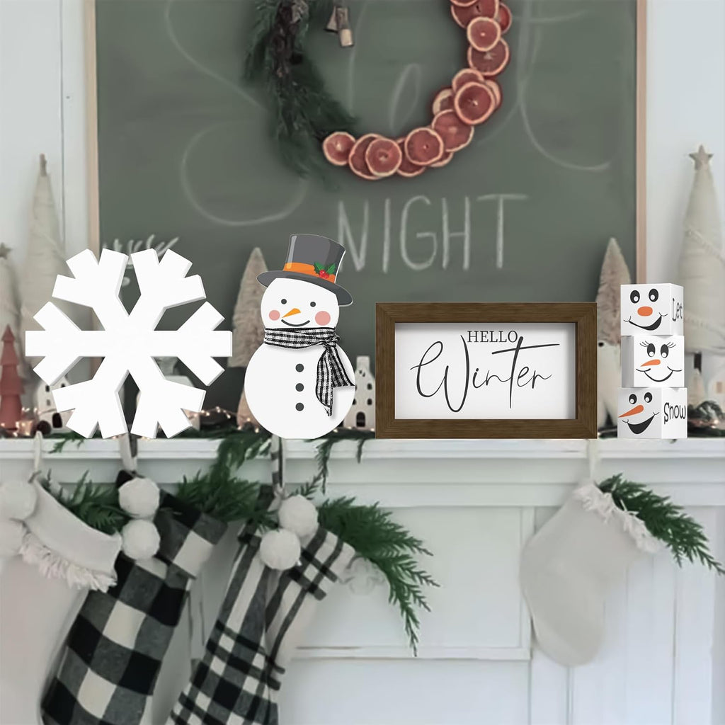 Christmas/Winter Tiered Tray Decor, 6 Pcs Hello Winter Snowflake Snowman Table Signs Let It Snow Wooden Signs for Home Kitchen Office