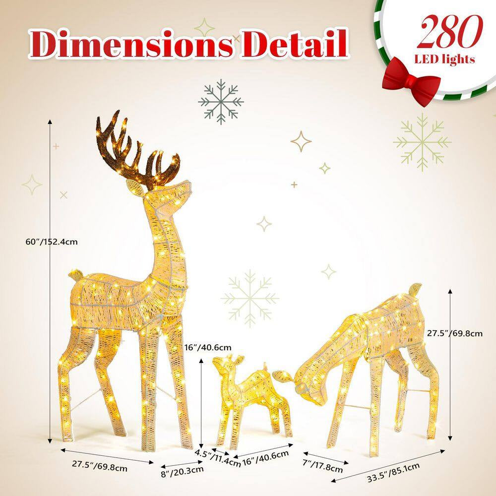 60 In. LED Metal Deer Family with 280 LED Warm White Lights Christmas Yard Decoration