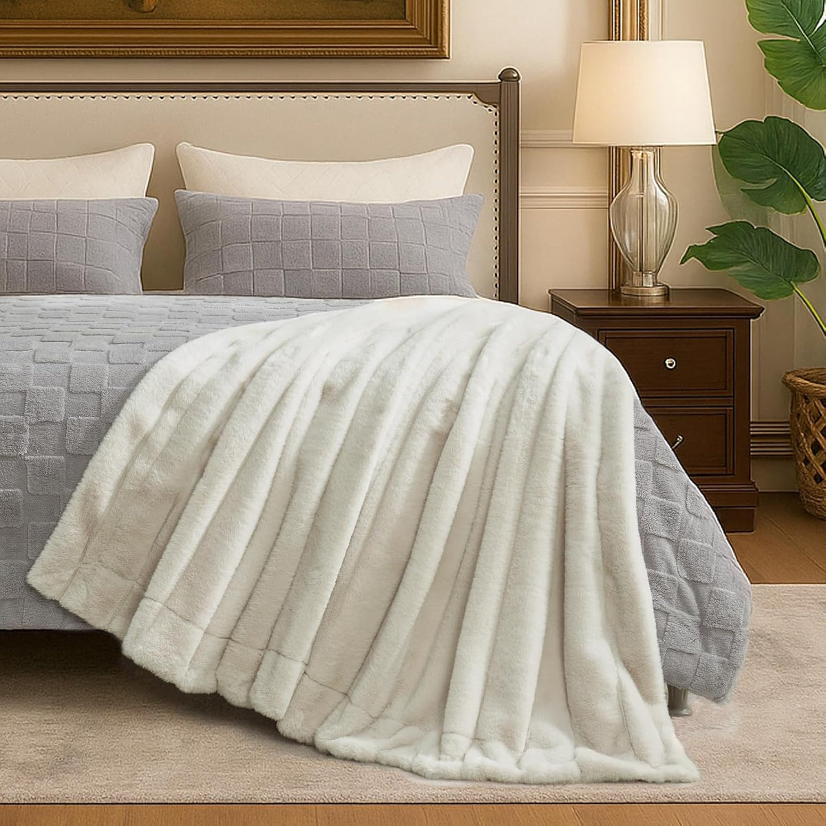 Deluxe Sheared Rabbit Faux Fur Throw Blanket, Soft Fuzzy High-Low Sculpted Plush Blanket for Couch, Cozy Home Accent, All Season Use, Beige 50"X60"