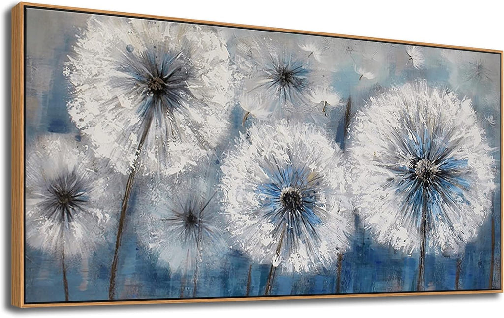 Dandelion Wall Art Blue Canvas Print Picture Framed Wall Art for Living Room Large White Flower Flora Home Decoration Modern(With Soild Wood Dark Framed) Bedroom Artwork Wall Decor