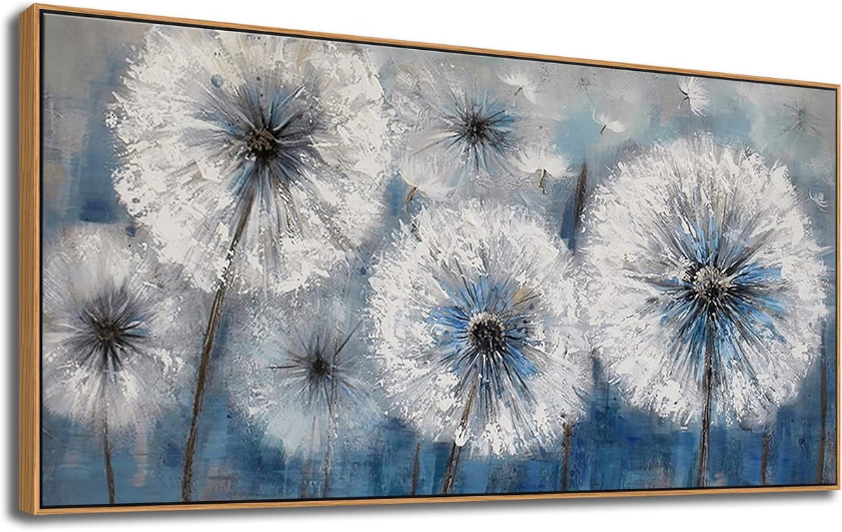 Dandelion Wall Art Blue Canvas Print Picture Framed Wall Art for Living Room Large White Flower Flora Home Decoration Modern(With Soild Wood Dark Framed) Bedroom Artwork Wall Decor