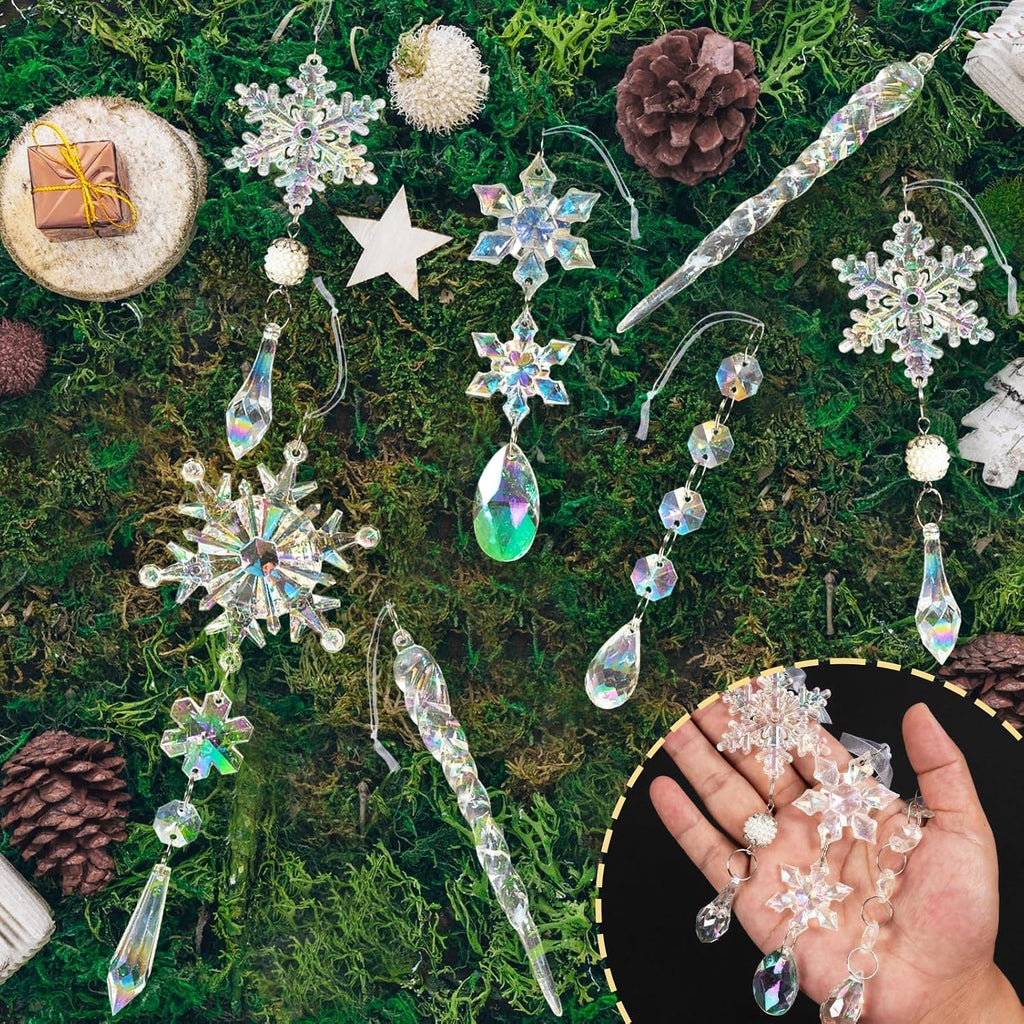 Crystal Christmas Tree Ornaments, 18Pcs Iridescent Acrylic Snowflake Icicle