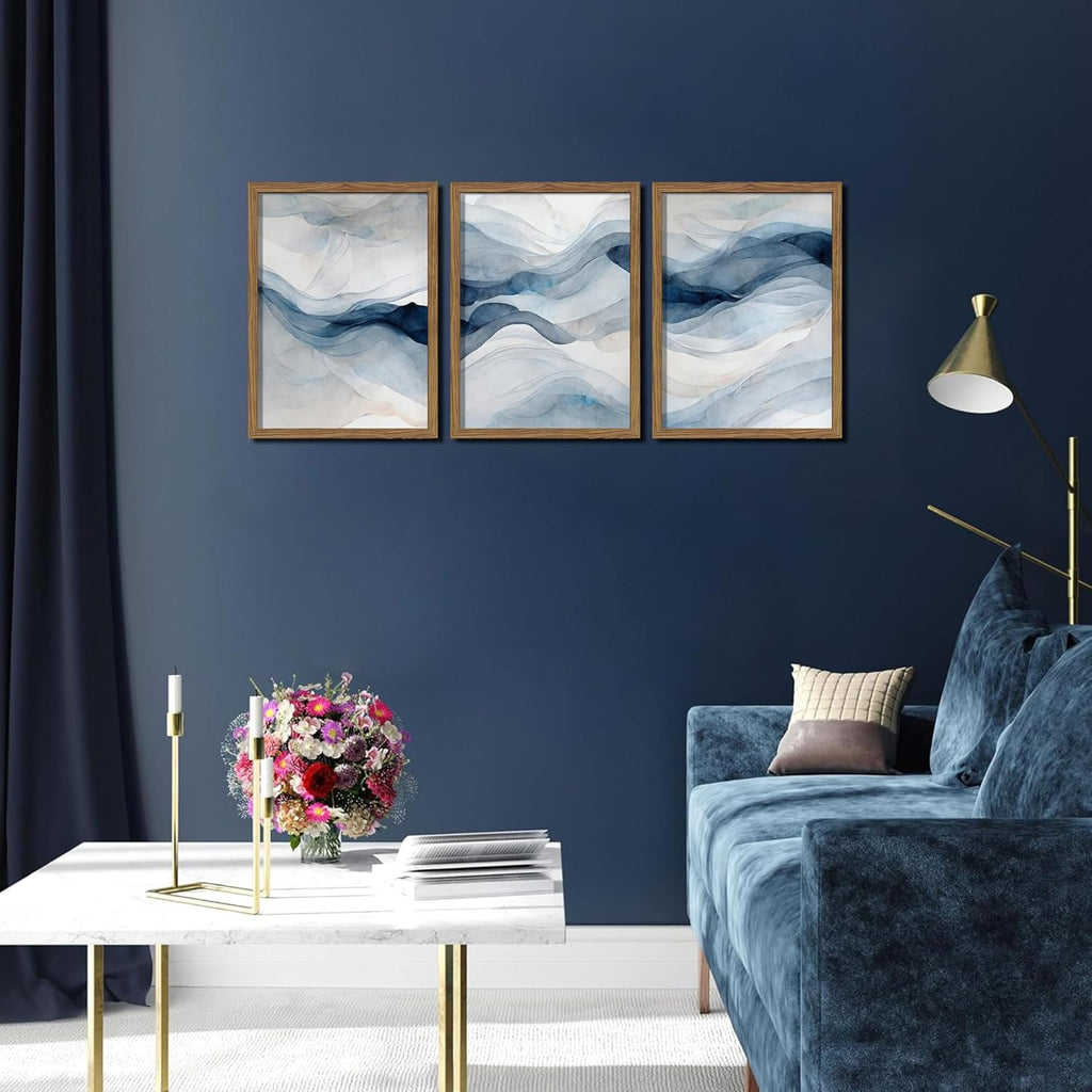 Blue Abstract Wall Art, Modern Navy Blue Abstract Canvas Wall Decor Paintings, Neutral Minimalist Texture Posters Prints Pictures for Living Room Bedroom Office Home Decor 16X24 Inch Wood Framed