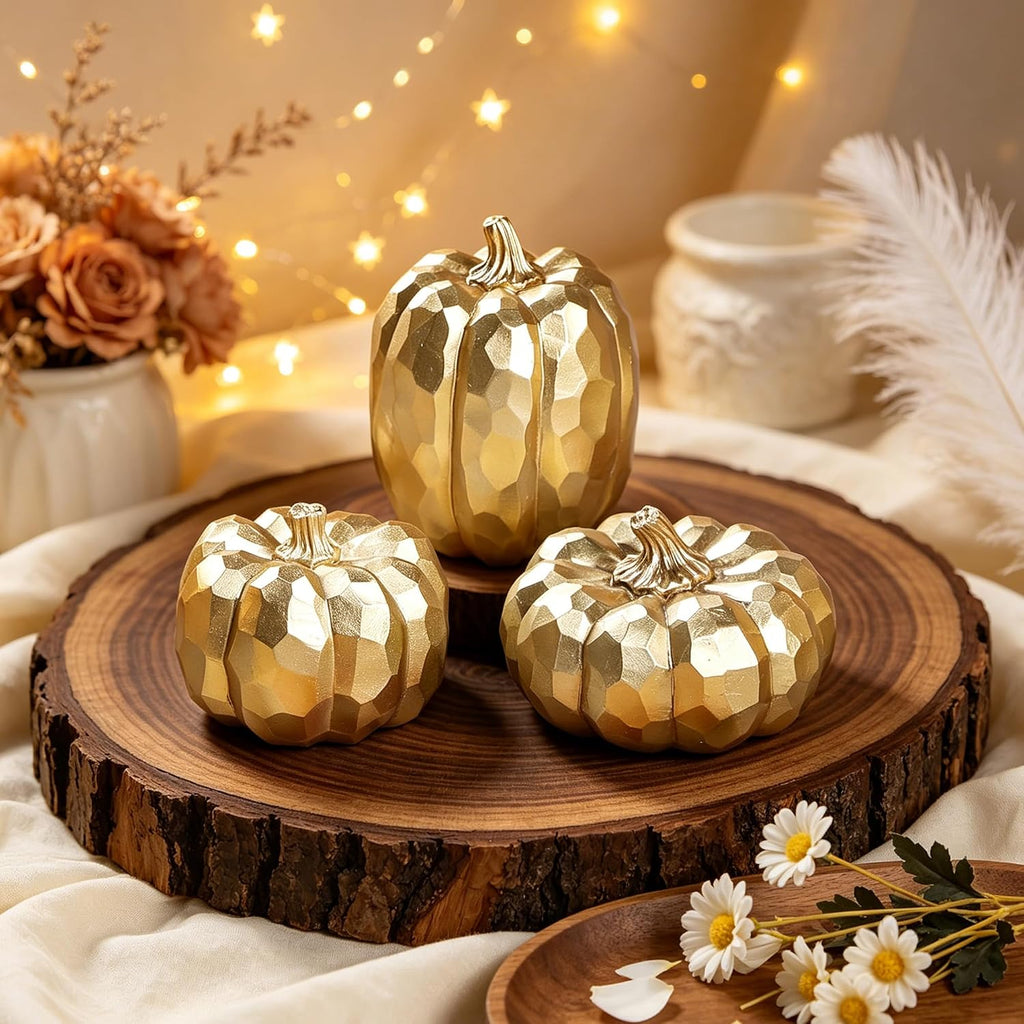 3-Pack Gold Fall Pumpkin Decor - Elegant Table Centerpieces for Autumn Home Styling