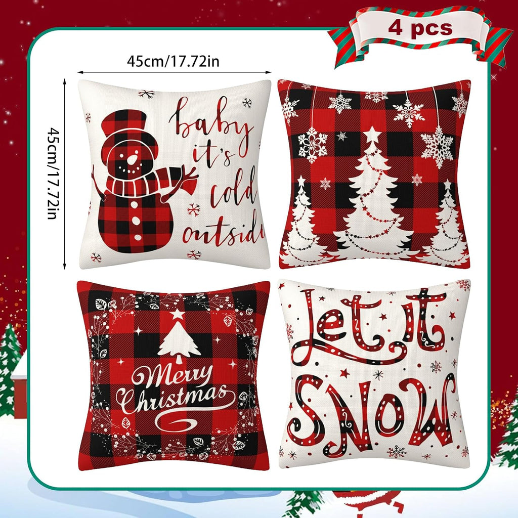 4Pcs Red Christmas Pillow Covers, 18 X 18 Inch Winter Holidays Christmas Cushion Cover Decoration for Sofa, Christmas Decorations Winter Holiday Decorations for Home Couch