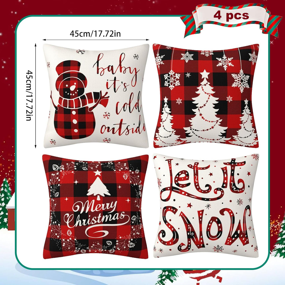 4Pcs Red Christmas Pillow Covers, 18 X 18 Inch Winter Holidays Christmas Cushion Cover Decoration for Sofa, Christmas Decorations Winter Holiday Decorations for Home Couch