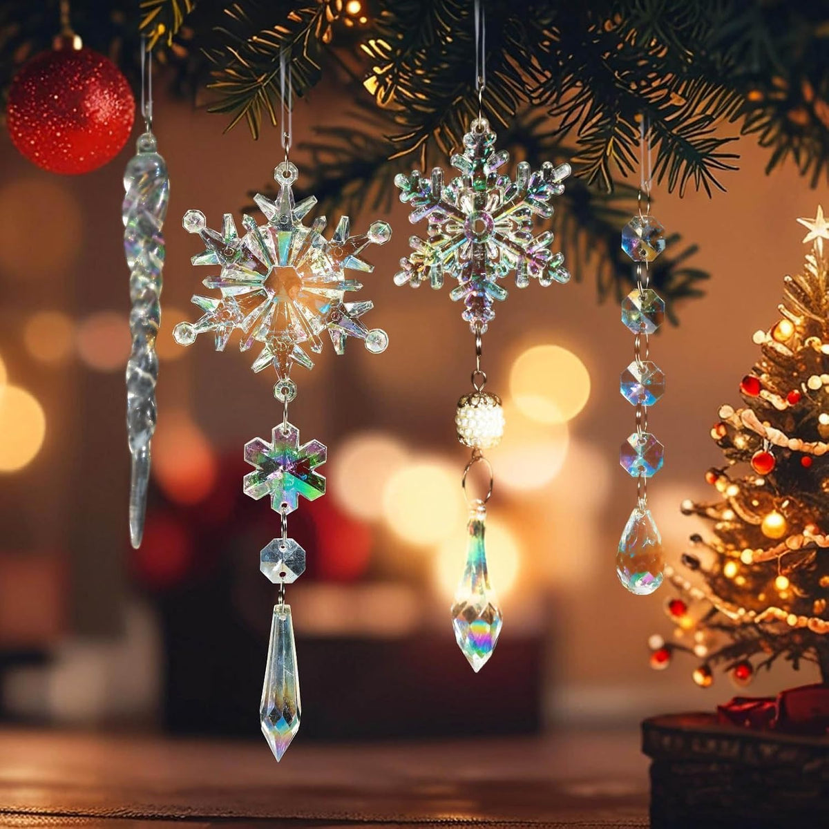 Crystal Christmas Tree Ornaments, 18Pcs Iridescent Acrylic Snowflake Icicle