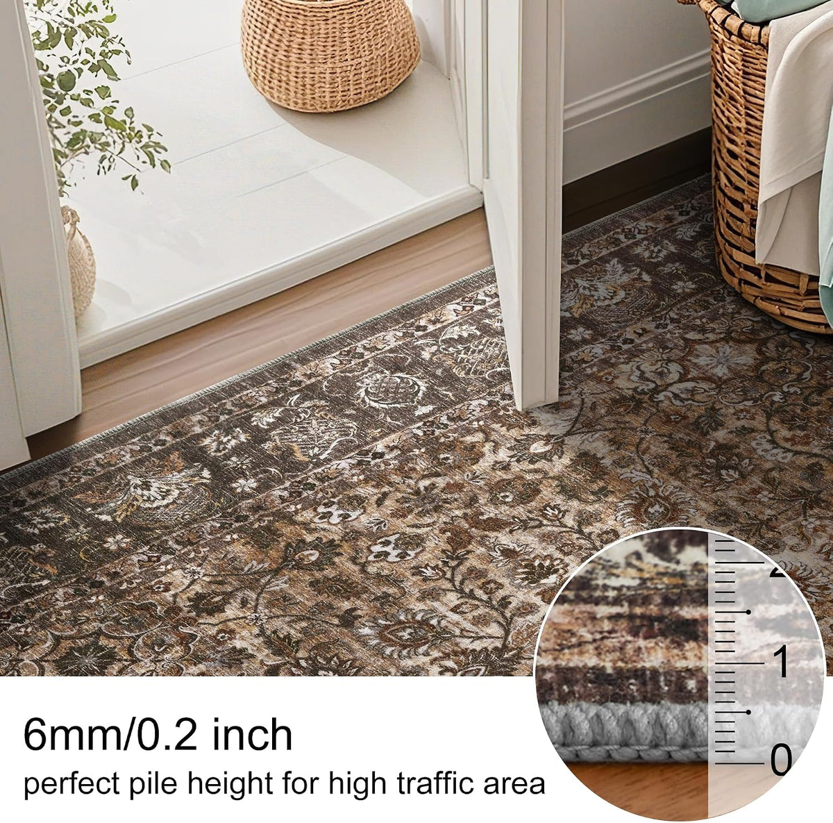Washable Large round Area Rug 6Ft for Living Room, Washable Vintage Accent Distressed Faux Wool Ultra Soft Rug for Bedroom, Non Slip Stain Resistant Carpet for Guest Room Nursery, Brown