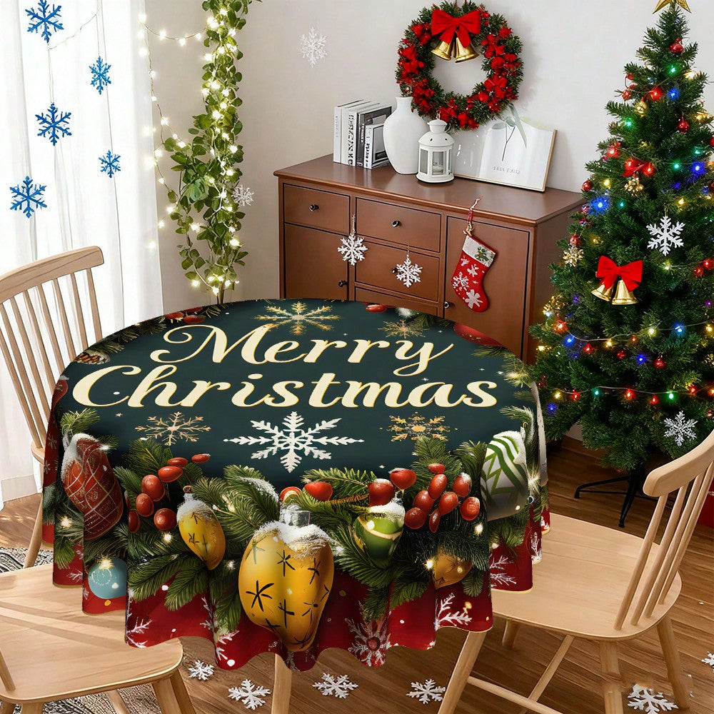 Christmas Wreath round Tablecloth Merry Christmas round Tablecloth 60 Inches Winter Christmas Home Decor round Tablecloth Red Berry Pine Branch Christmas Ball Decorative Tablecovers