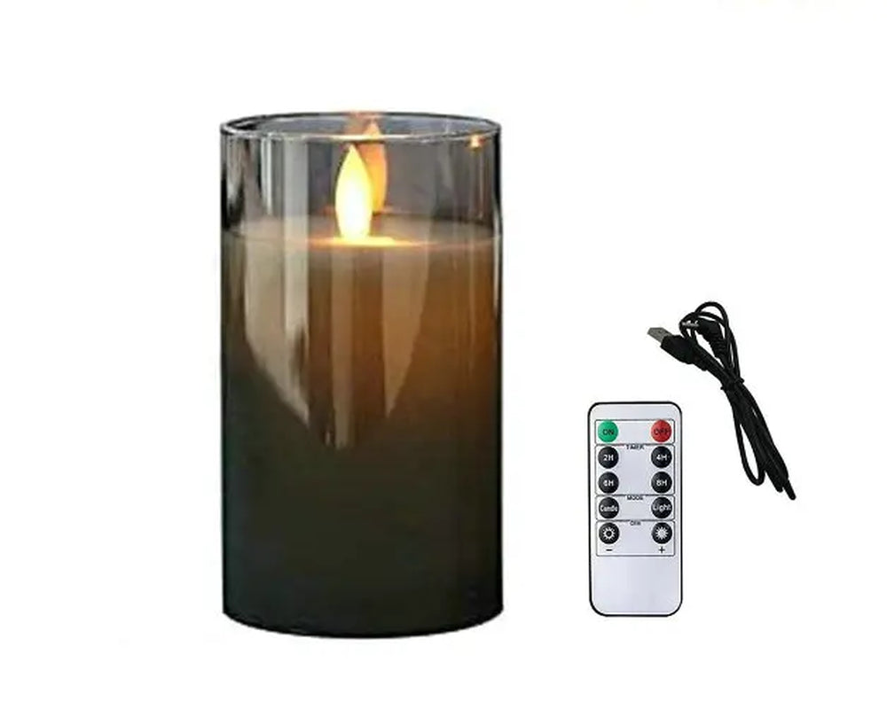 USB Rechargeable LED Flameless Pillar Candle Set Flickering Moving Wick Paraffin Real Wax Remote Controlled W/Timer Glass Lights