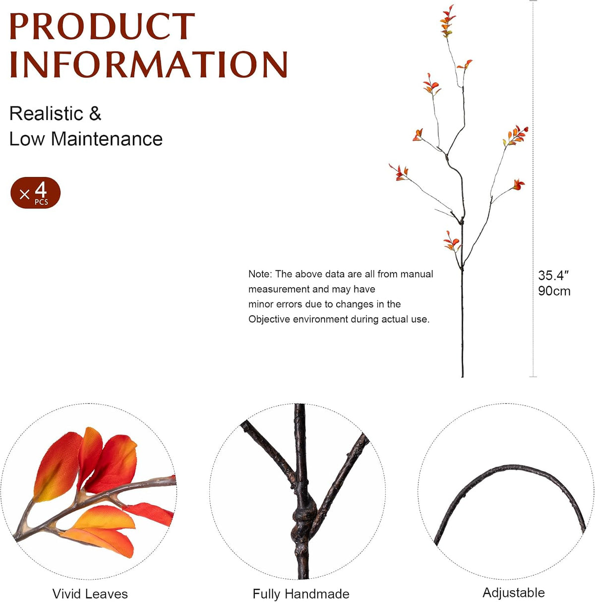 4 Pcs Fall Stems for Vases, 35.4 Inch Artificial Ficus Branches, Faux Eucalyptus Stems and Fake Fall Leaves for Autumn Table Centerpiece Home Decor, Orange, Vase Not Included