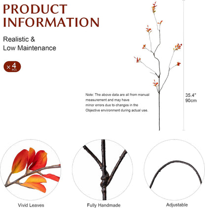 4 Pcs Fall Stems for Vases, 35.4 Inch Artificial Ficus Branches, Faux Eucalyptus Stems and Fake Fall Leaves for Autumn Table Centerpiece Home Decor, Orange, Vase Not Included