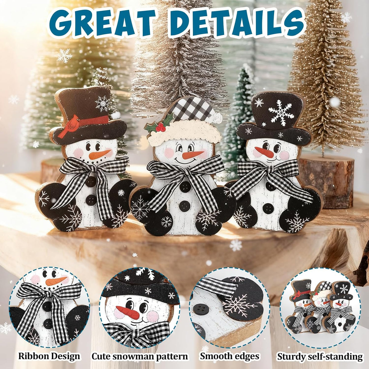 3 Pcs Christmas Wood Centerpieces for Tables Wooden Snowman Table Decor Rustic Merry Xmas Tabletop Signs Block Winter Desktop Decorations Indoor Tiered Tray Office Desk Shelf Home Mantel Holiday Party
