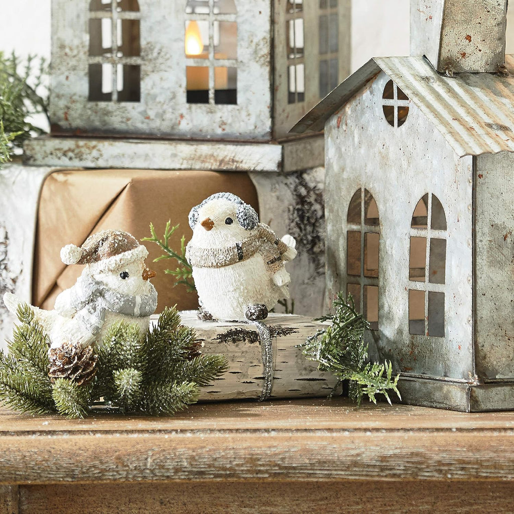 Wintry White Resin Bird Figurines - Set of 2 Snowy Birds