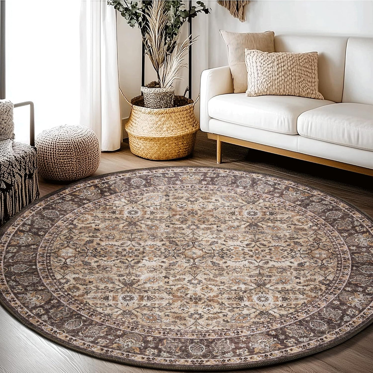 Washable Large round Area Rug 6Ft for Living Room, Washable Vintage Accent Distressed Faux Wool Ultra Soft Rug for Bedroom, Non Slip Stain Resistant Carpet for Guest Room Nursery, Brown