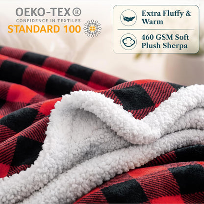 Checkered Sherpa Throw Blanket Couch Sofa Bed, Red Black, 50X60