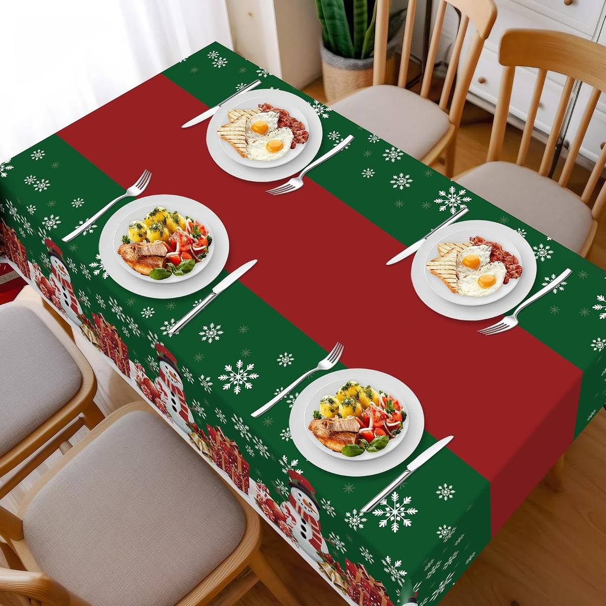 2 Pack Christmas Tablecloth,Disposable Plastic Tablecloth 54" X 108" Christmas Decorations Xmas Party Supply,Snowman Green Table Cloth,Plastic Table Cover for Indoor,Outside,Home,Dinner,Party