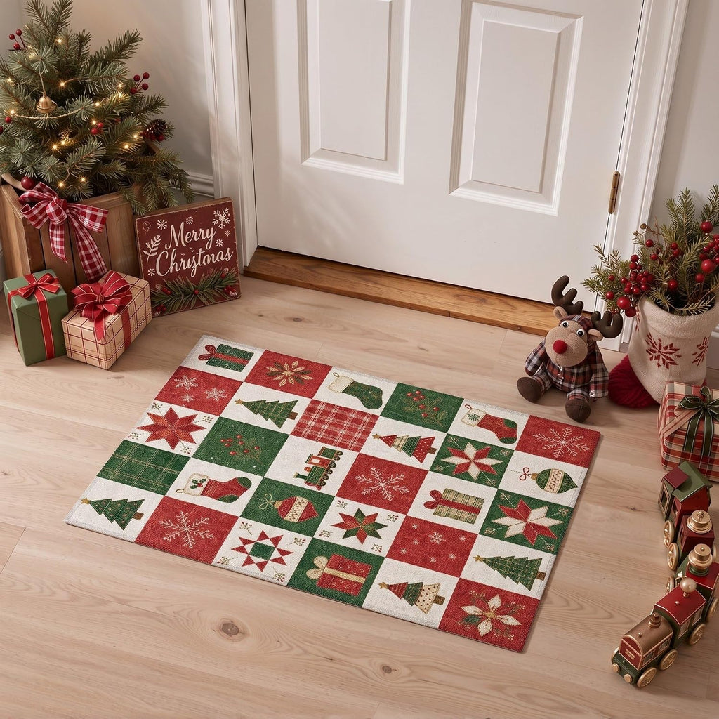 2X3 Christmas Rug for Entryway, Antique Red Mat Washable Non Slip