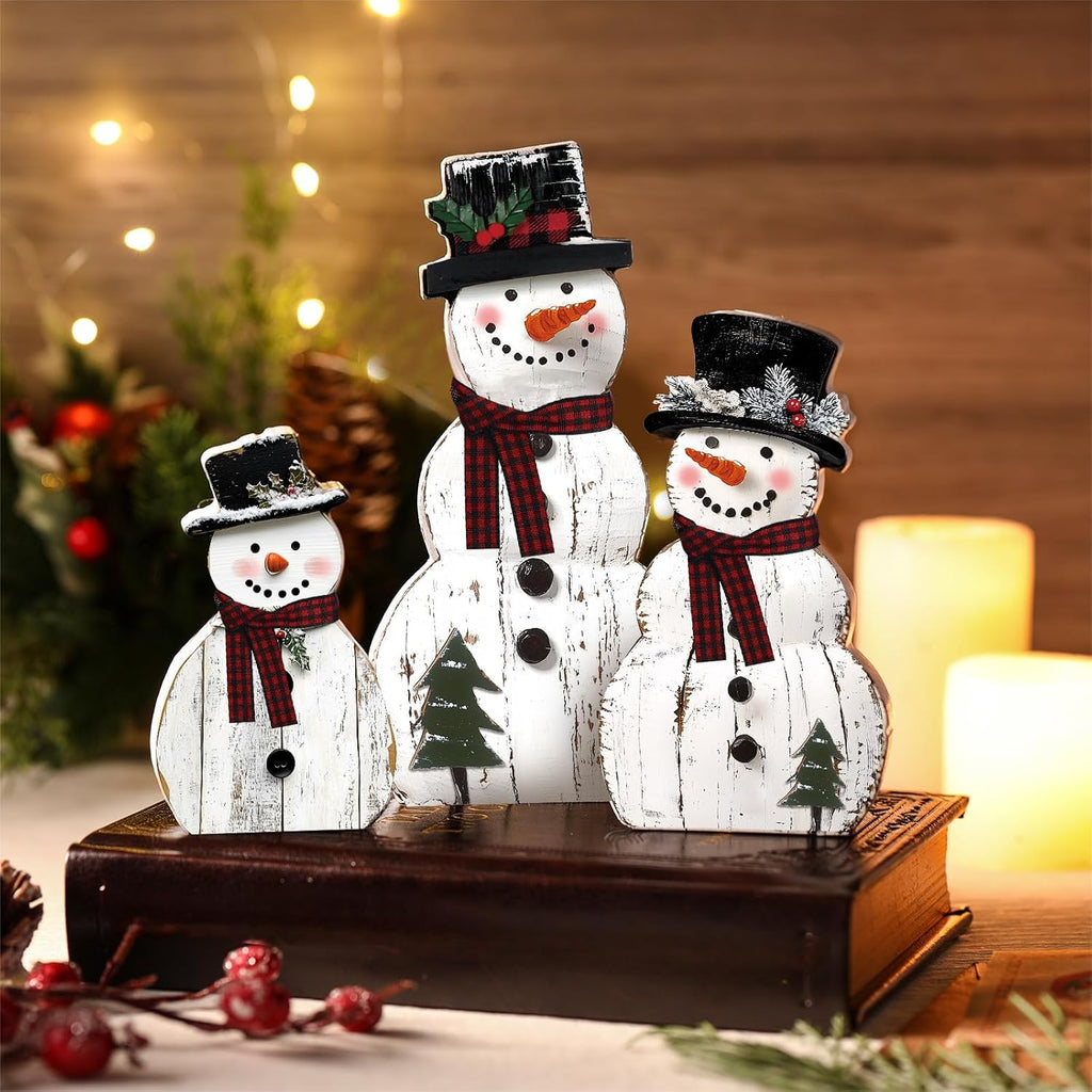 3 Pcs Snowman Christmas Decoration Rustic Wooden Indoor Decor