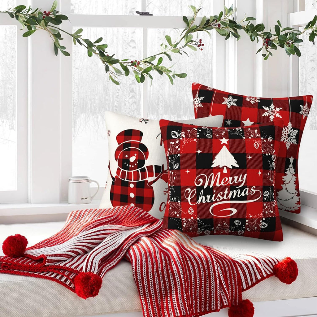 4Pcs Red Christmas Pillow Covers, 18 X 18 Inch Winter Holidays Christmas Cushion Cover Decoration for Sofa, Christmas Decorations Winter Holiday Decorations for Home Couch