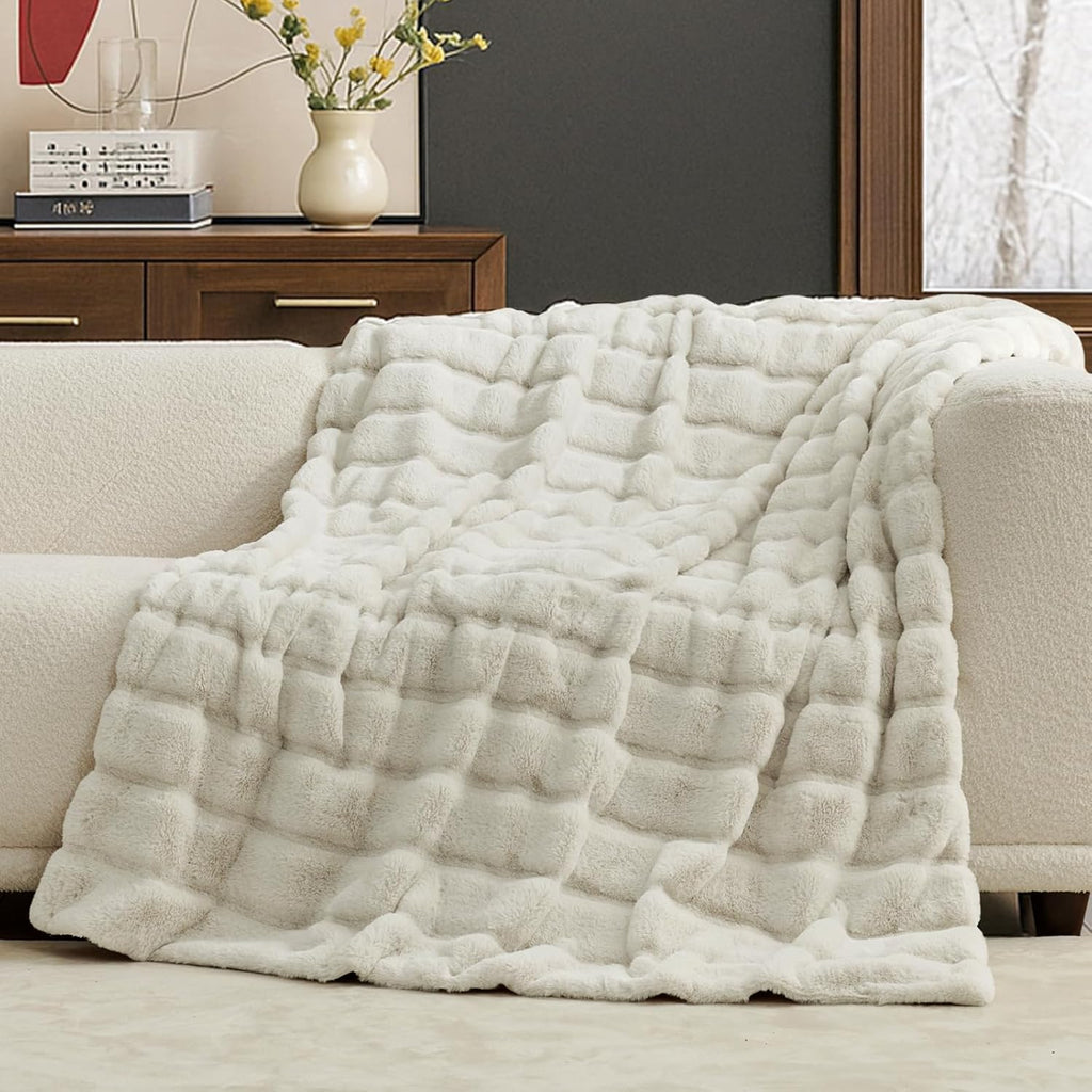 Deluxe Sheared Rabbit Faux Fur Throw Blanket, Soft Fuzzy High-Low Sculpted Plush Blanket for Couch, Cozy Home Accent, All Season Use, Beige 50"X60"