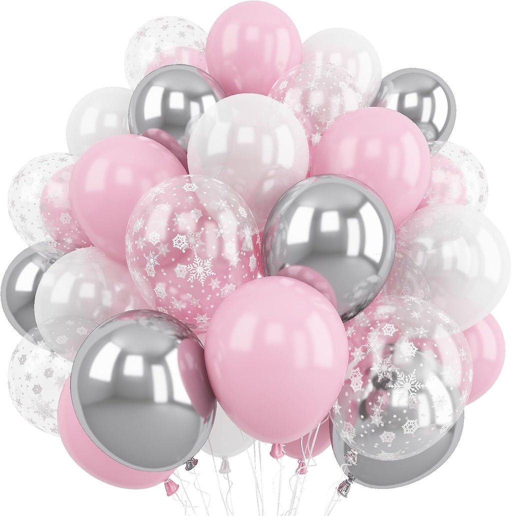 Pink and Silver Balloons, 60Pcs Winter Onederland Party Decorations, Pastel Light Pink Pearl White Metallic Silver Latex Balloon with Snowflake Balloon for Winter Wonderland Baby Shower Birthday Decor