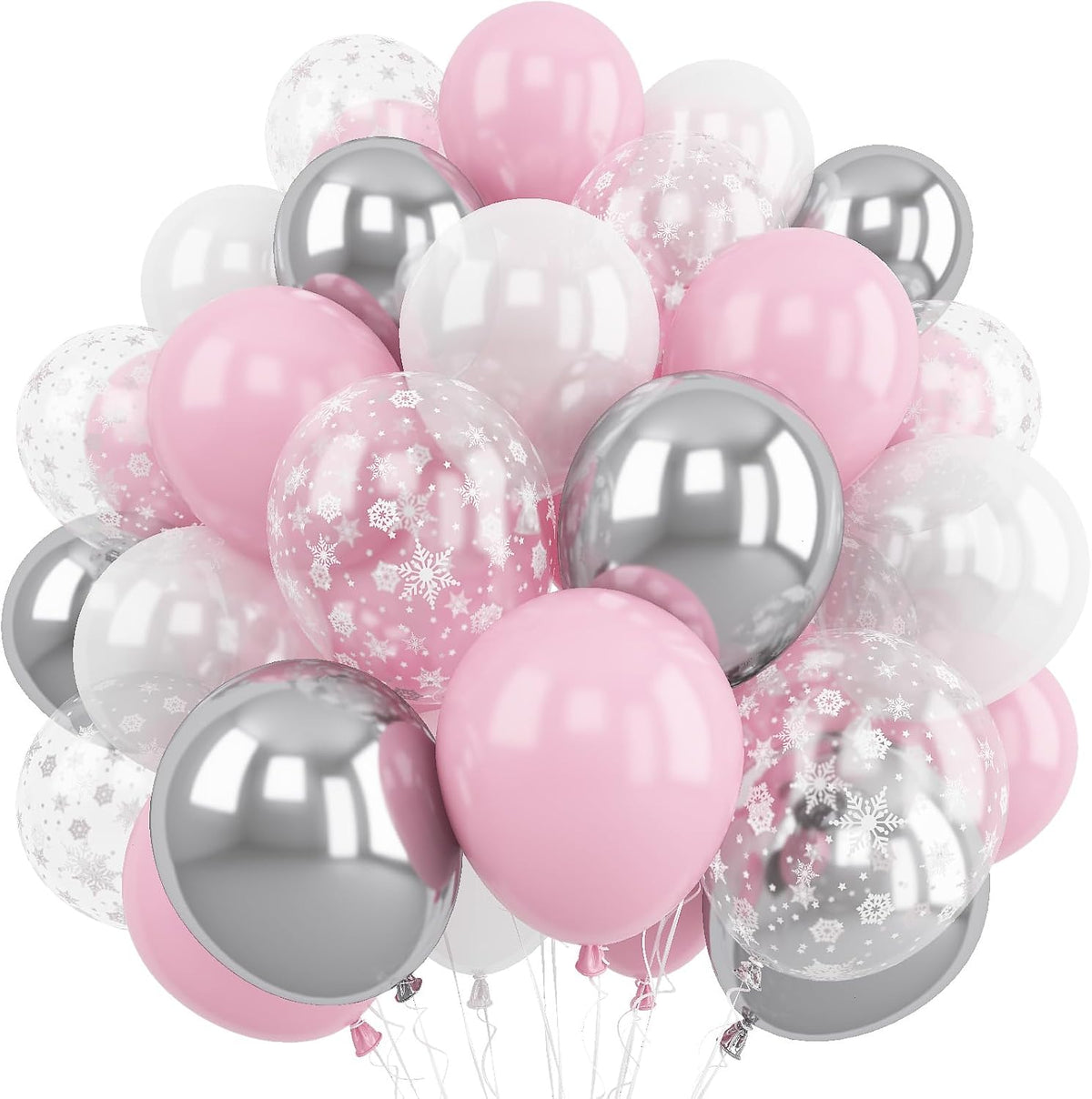 Pink and Silver Balloons, 60Pcs Winter Onederland Party Decorations, Pastel Light Pink Pearl White Metallic Silver Latex Balloon with Snowflake Balloon for Winter Wonderland Baby Shower Birthday Decor