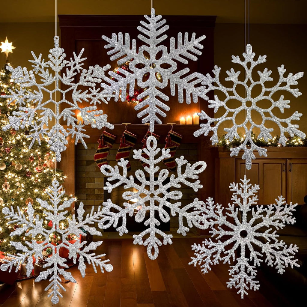 6 Pack 12" Large Glitter Hanging Snowflake Decorations, Silver