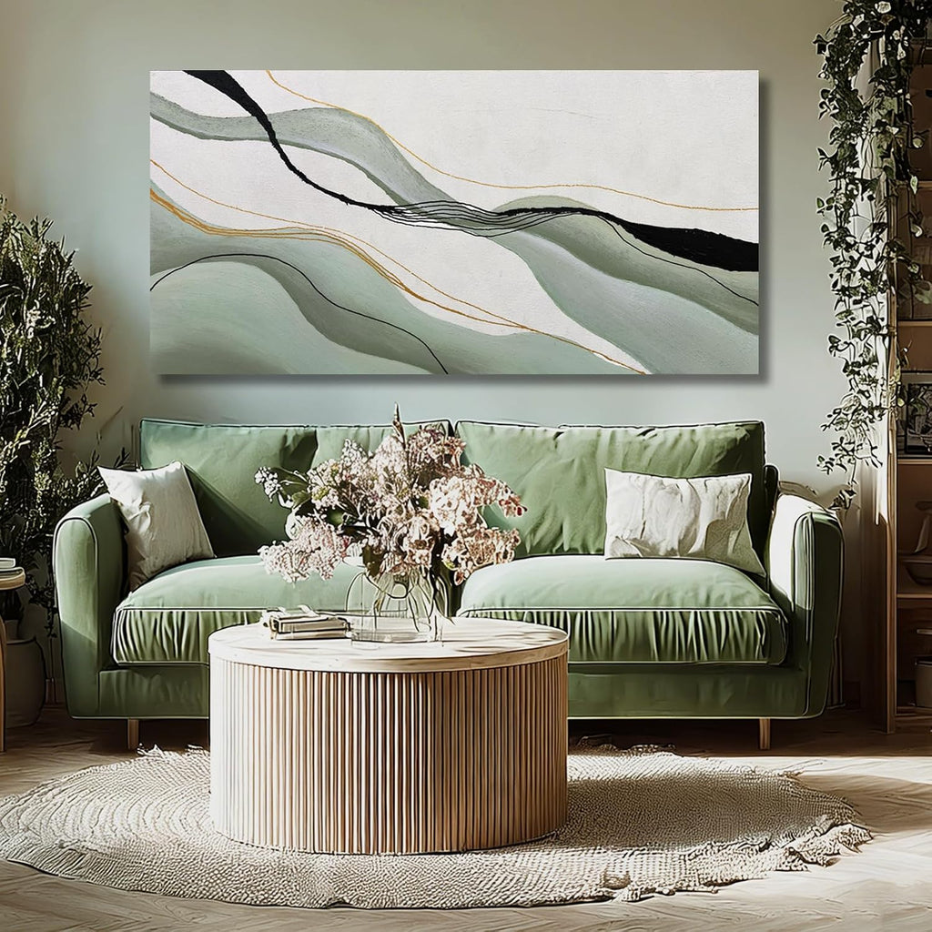 Green White Black Abstract Canvas Wall Art, Large Abstract Wall Decor for Living Room, Modern Wall Art Print for Bedroom Office, 24X48 Inch
