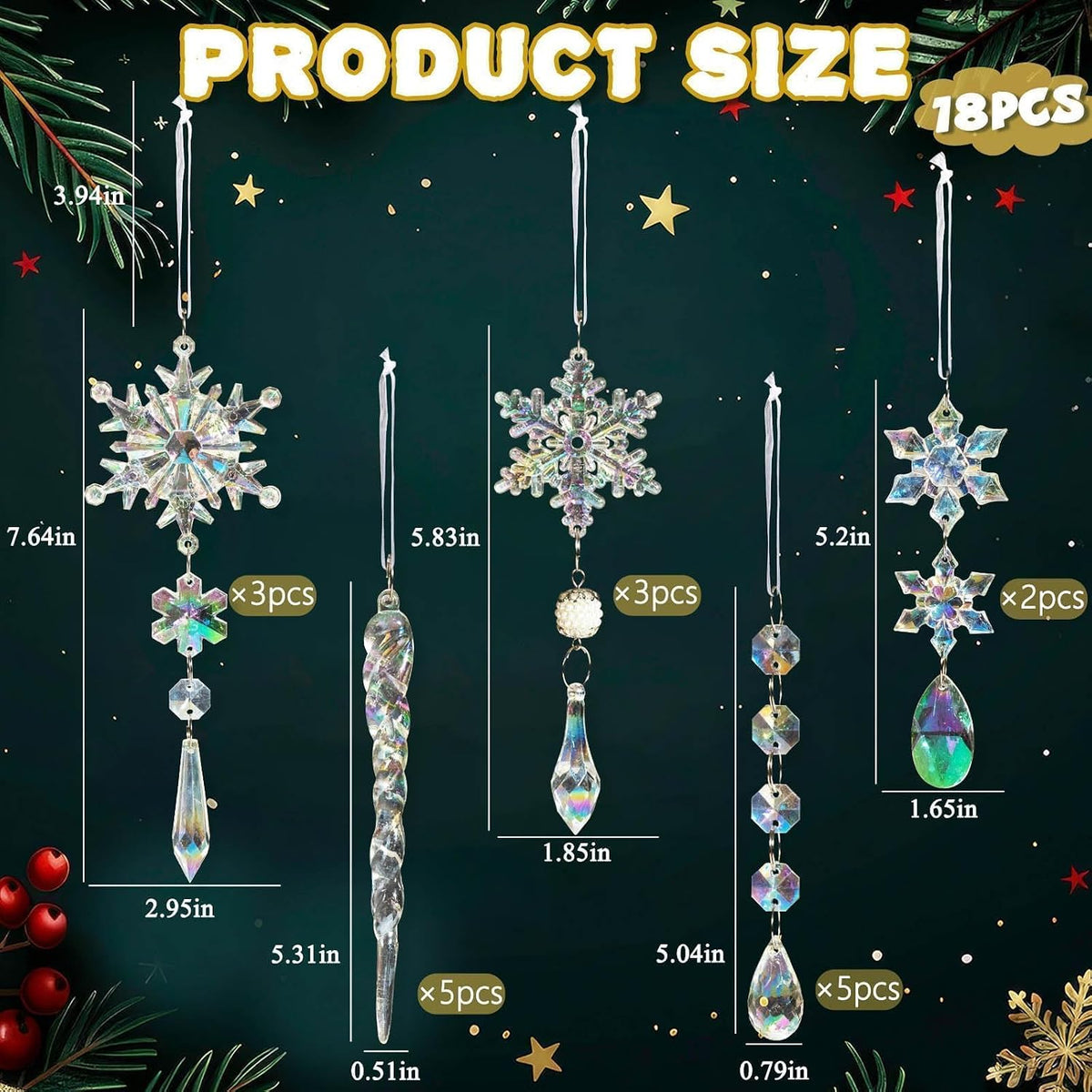 Crystal Christmas Tree Ornaments, 18Pcs Iridescent Acrylic Snowflake Icicle