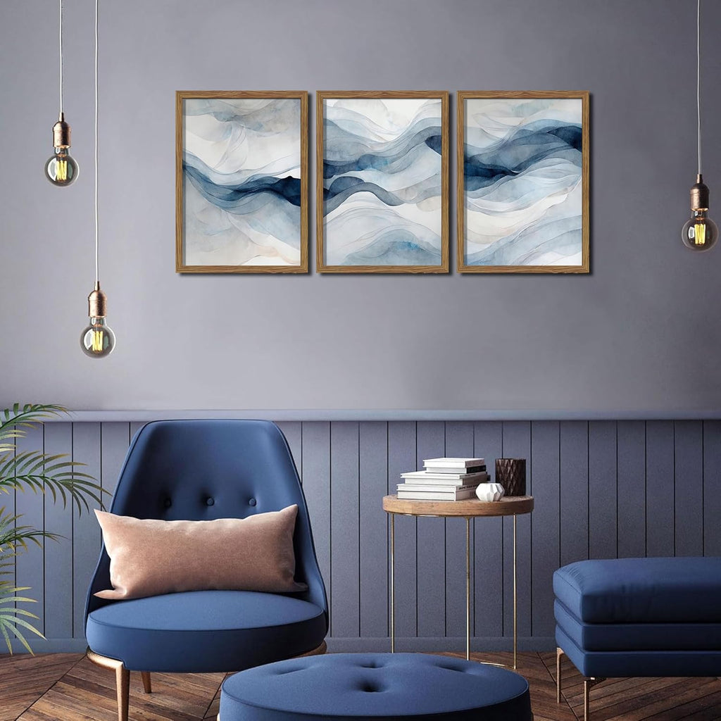 Blue Abstract Wall Art, Modern Navy Blue Abstract Canvas Wall Decor Paintings, Neutral Minimalist Texture Posters Prints Pictures for Living Room Bedroom Office Home Decor 16X24 Inch Wood Framed