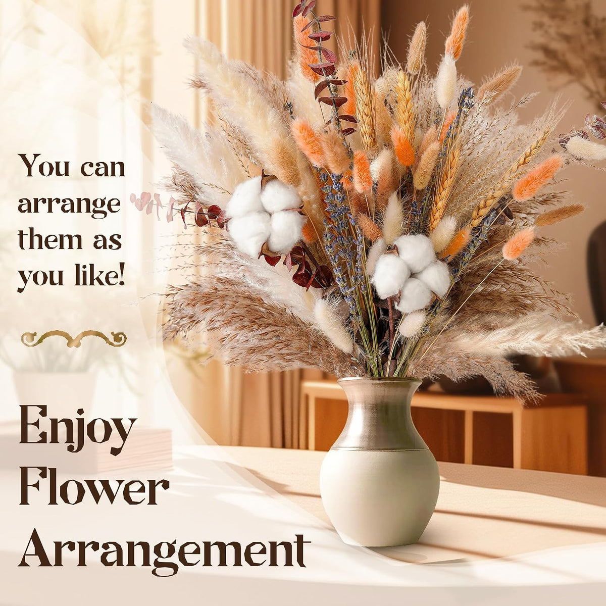 Fall Dried Flower Bouquet – Boho Fall Decor with Pampas Grass, Cotton, and Orange Bunny Tails – Autumn Floral Arrangement for Home, Mantel, or Vase – Fall Decorations for Home Indoor & Porch