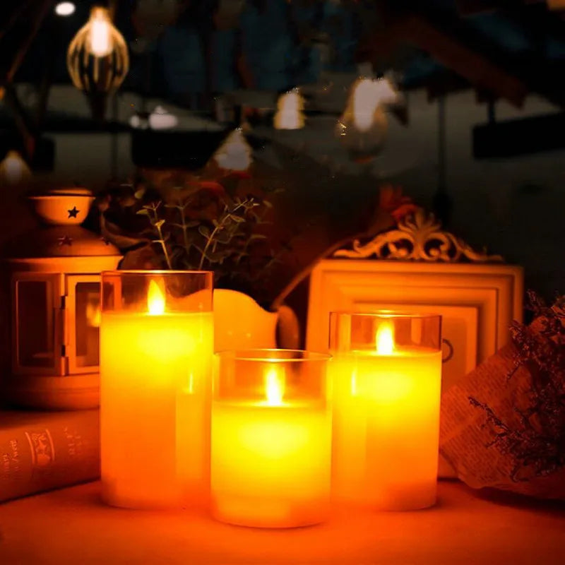 USB Rechargeable LED Flameless Pillar Candle Set Flickering Moving Wick Paraffin Real Wax Remote Controlled W/Timer Glass Lights