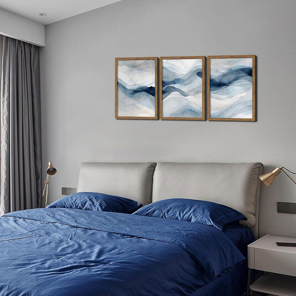 Blue Abstract Wall Art, Modern Navy Blue Abstract Canvas Wall Decor Paintings, Neutral Minimalist Texture Posters Prints Pictures for Living Room Bedroom Office Home Decor 16X24 Inch Wood Framed