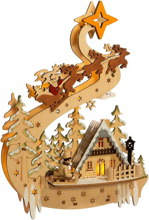 11.8-Inch Battery-Operated Light up Wooden Christmas Village with Santa and Sleigh