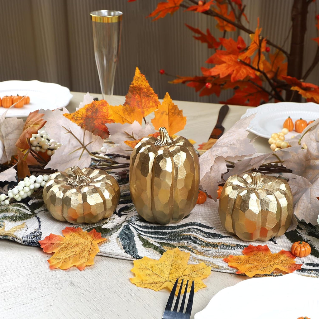 3-Pack Gold Fall Pumpkin Decor - Elegant Table Centerpieces for Autumn Home Styling
