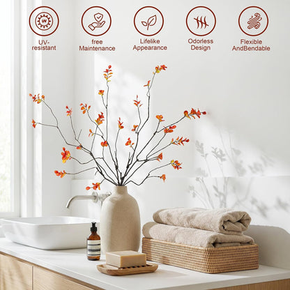 4 Pcs Fall Stems for Vases, 35.4 Inch Artificial Ficus Branches, Faux Eucalyptus Stems and Fake Fall Leaves for Autumn Table Centerpiece Home Decor, Orange, Vase Not Included