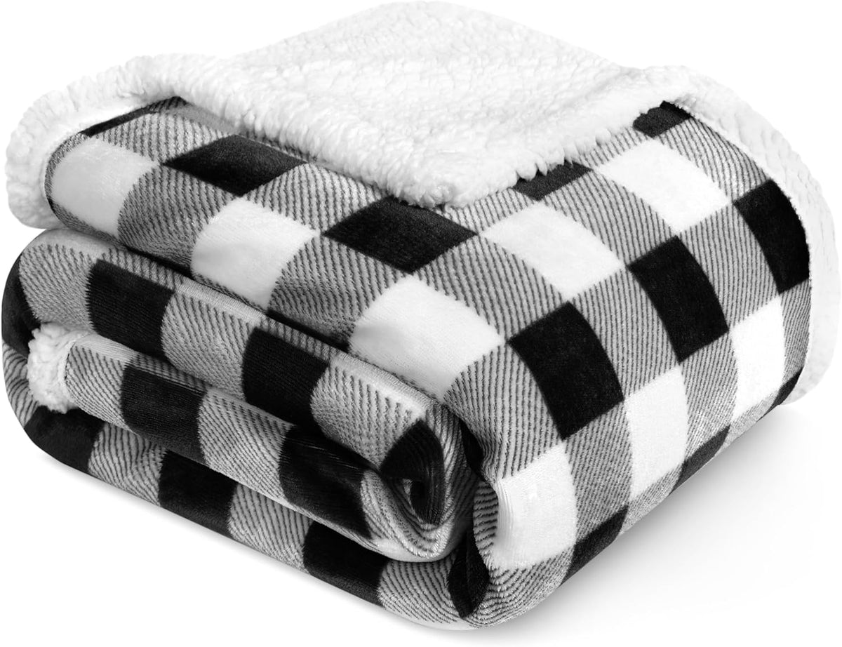 Checkered Sherpa Throw Blanket Couch Sofa Bed, Black White, 50X60