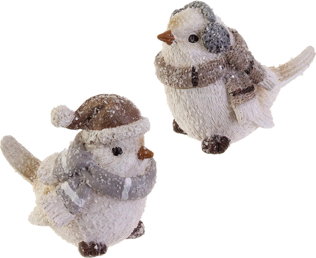 Wintry White Resin Bird Figurines - Set of 2 Snowy Birds