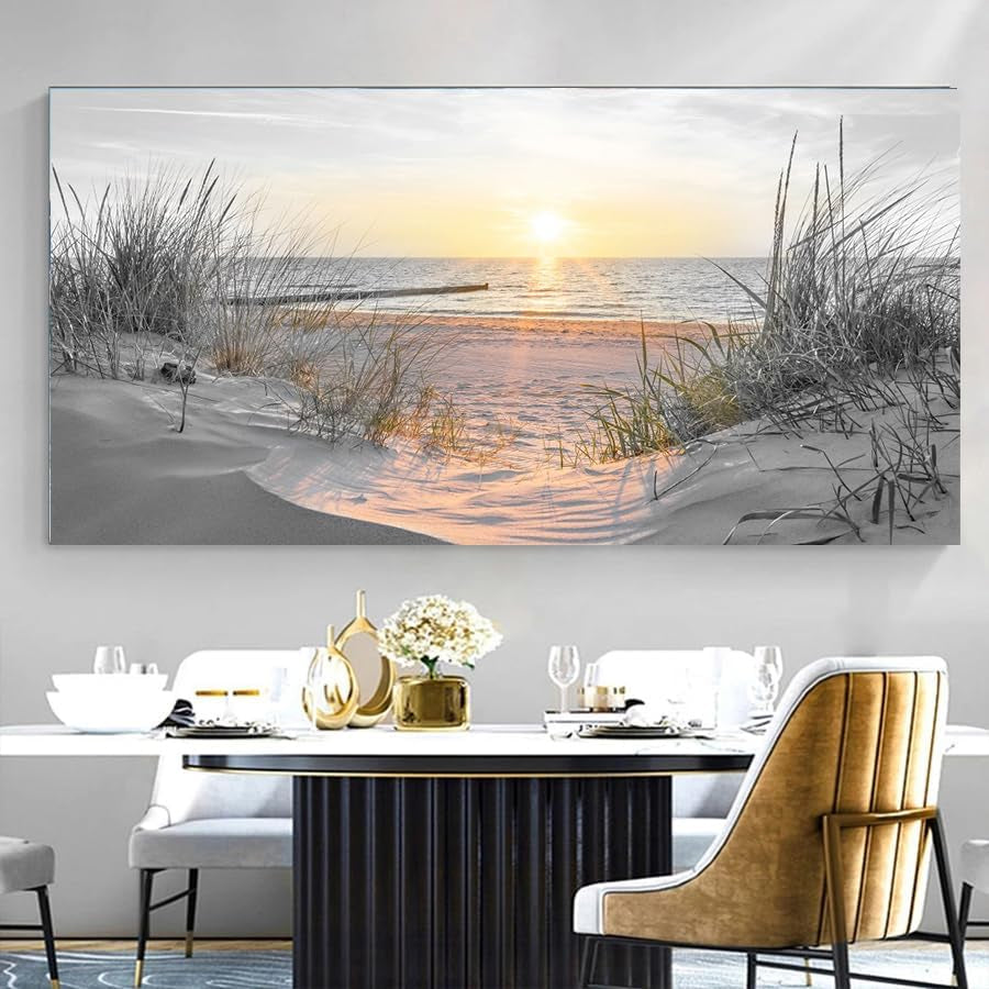 -Black and White Sunset Beach Wall Art Coastal Room Decor Ocean Picture for Living Room Wall Art Bedroom Seascape Artwork Prints Sea Scene Painting Modern Bathroom Office Decor