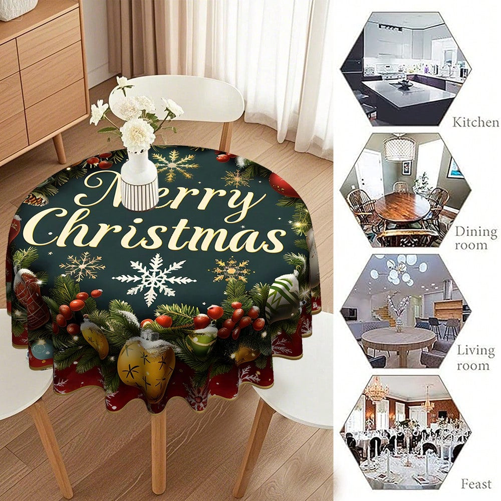 Christmas Wreath round Tablecloth Merry Christmas round Tablecloth 60 Inches Winter Christmas Home Decor round Tablecloth Red Berry Pine Branch Christmas Ball Decorative Tablecovers