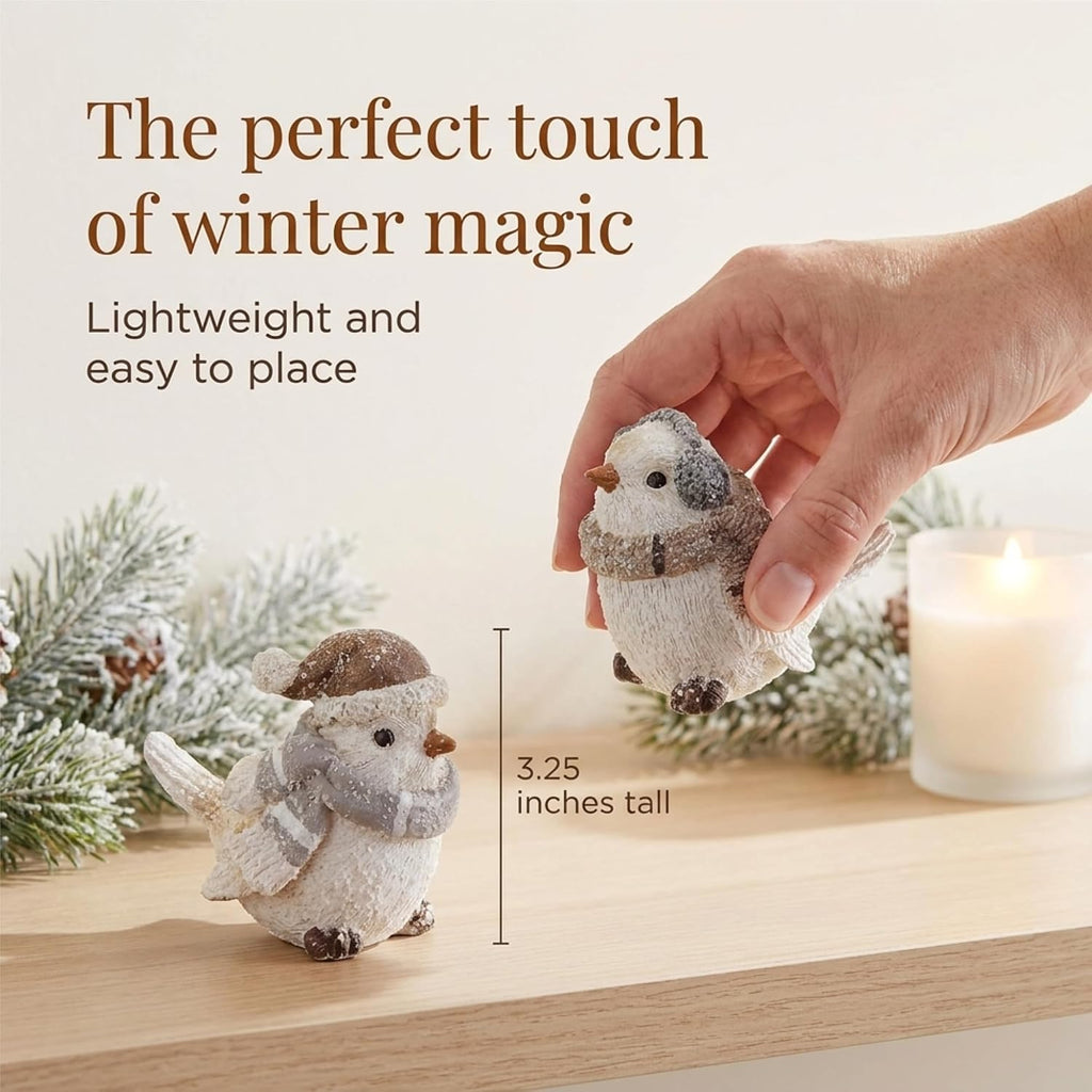 Wintry White Resin Bird Figurines - Set of 2 Snowy Birds
