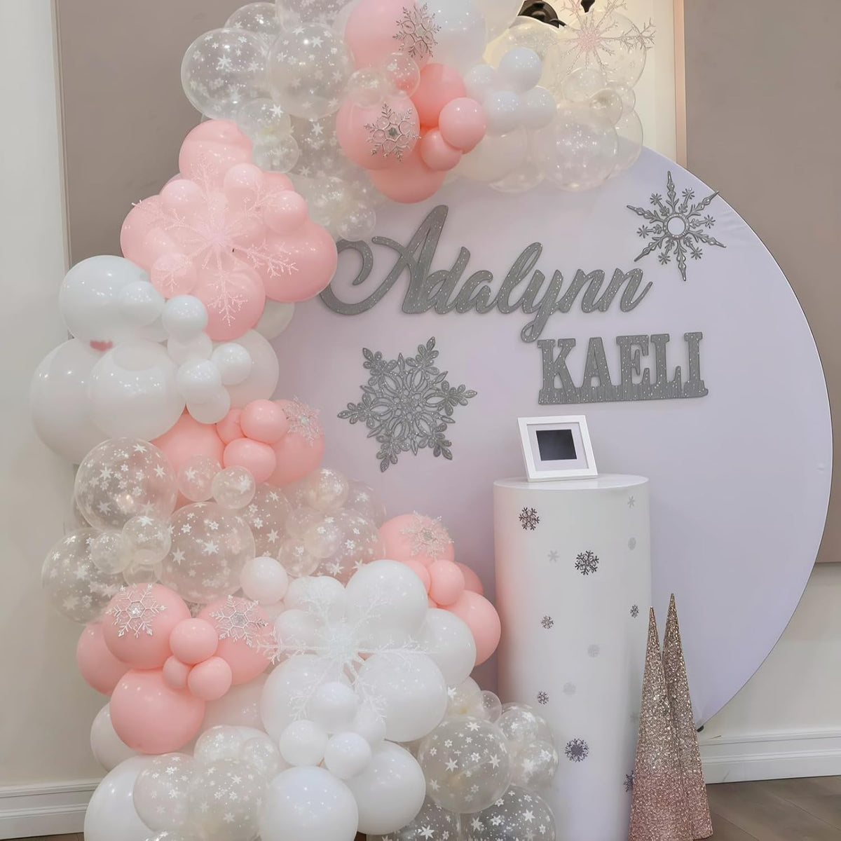 Pink and Silver Balloons, 60Pcs Winter Onederland Party Decorations, Pastel Light Pink Pearl White Metallic Silver Latex Balloon with Snowflake Balloon for Winter Wonderland Baby Shower Birthday Decor