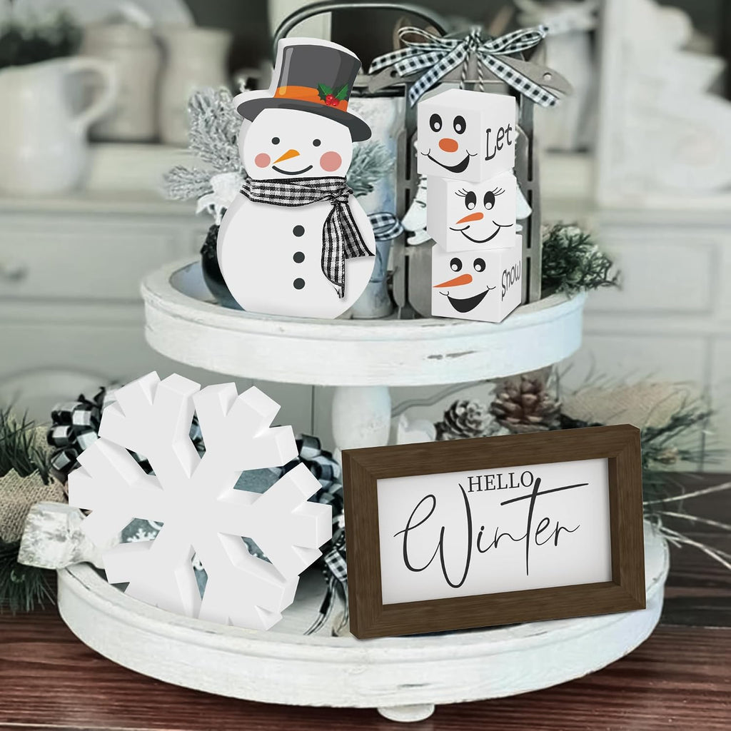 Christmas/Winter Tiered Tray Decor, 6 Pcs Hello Winter Snowflake Snowman Table Signs Let It Snow Wooden Signs for Home Kitchen Office