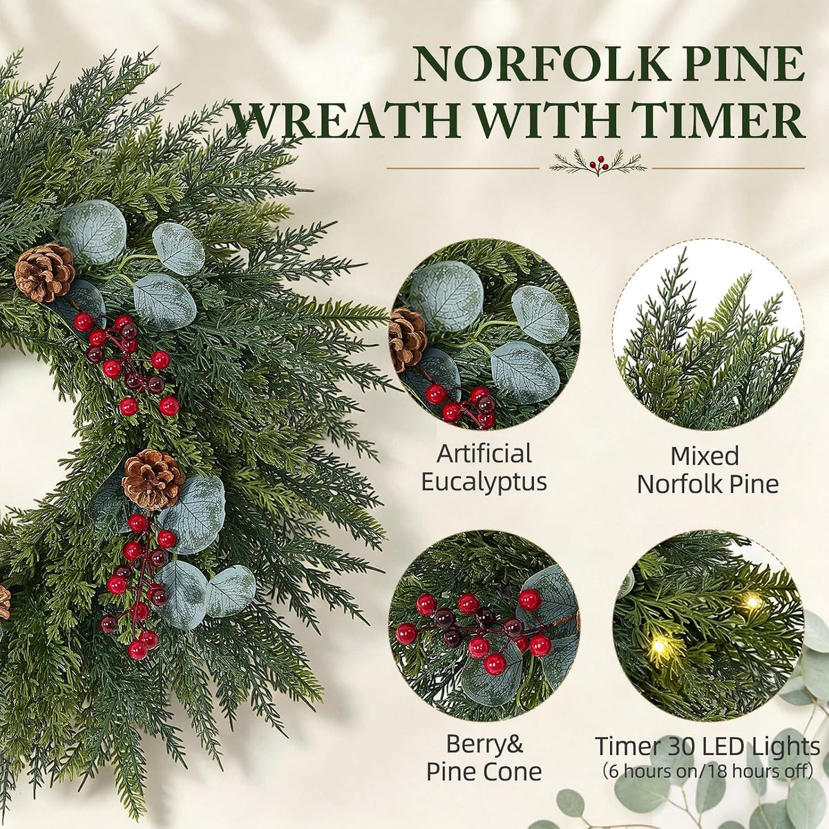 Festive 24-Inch Norfolk Pine Christmas Wreath for Front Door Decor