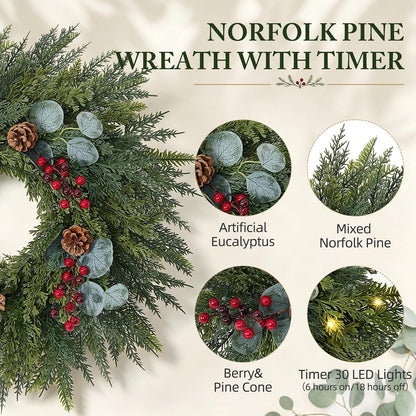 Festive 24-Inch Norfolk Pine Christmas Wreath for Front Door Decor