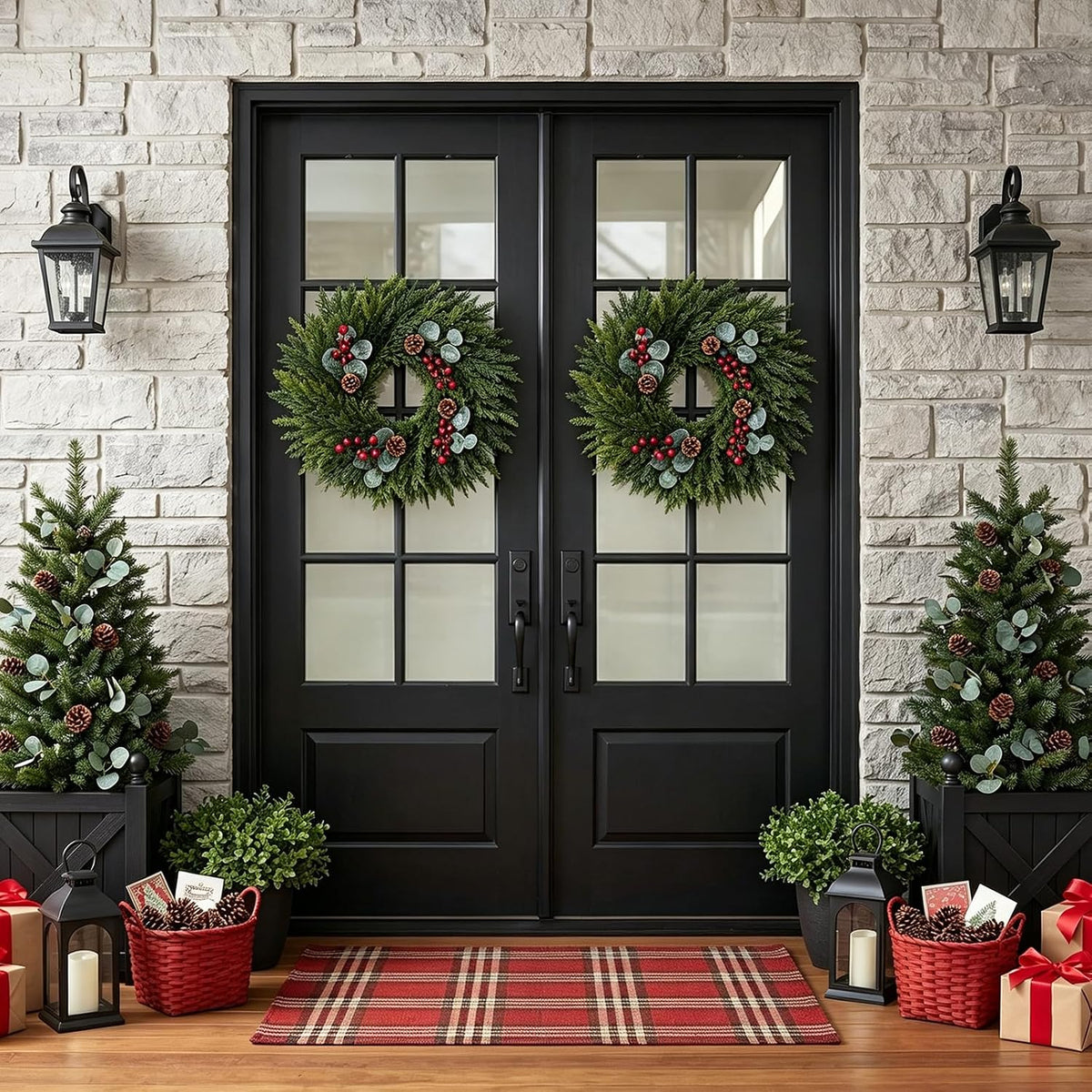 Festive 24-Inch Norfolk Pine Christmas Wreath for Front Door Decor